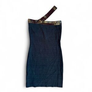 Moda Int’l. Strapless Black Bandage Dress with Decorative Neckline Trim. Size S